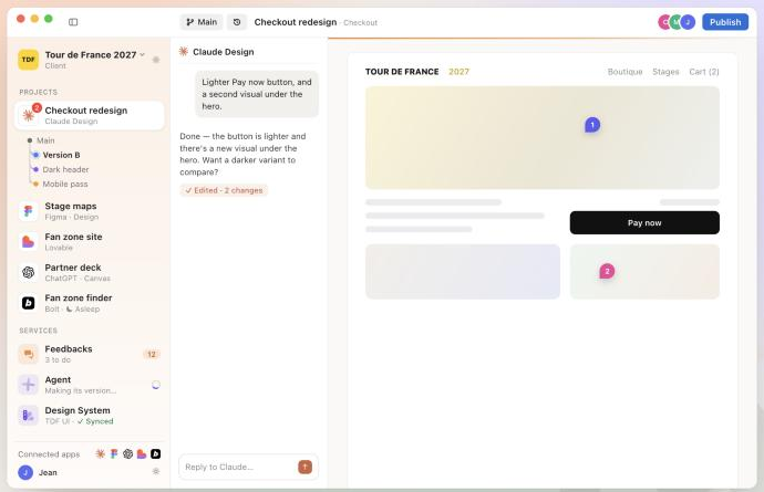 Mazet: the Claude Design project open in a tab, its versions in the sidebar, the preview on the right