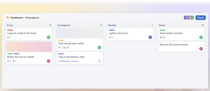 The feedback board: four columns, a screenshot on every ticket
