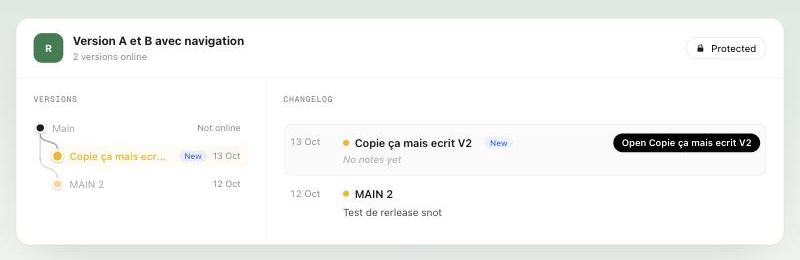A real client page from the Nord Sud workspace: versions as a tree, changelog beside
