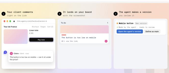 A client comment on the link, the ticket on the board, the version made by the agent