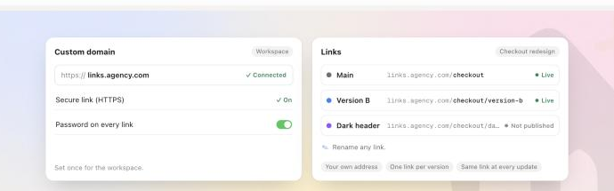 Custom domain set once; one readable link per version