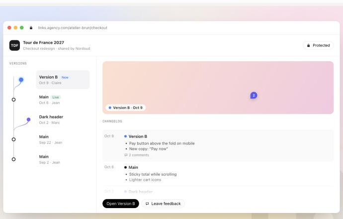 The client's page: version tree, preview and changelog