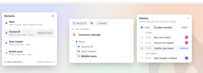 Versions of a Claude Design project, the tree in the sidebar, the history with restore